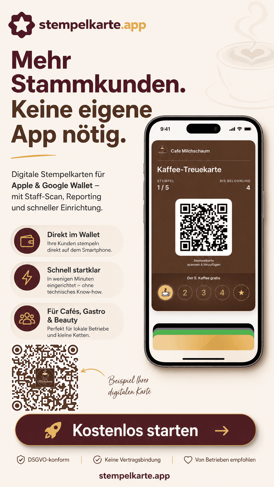 Mehr Stammkunden. Keine eigene App nötig. — Stempelkarte.app Wallet-Karte mit QR-Code für Cafés, Gastro und Beauty